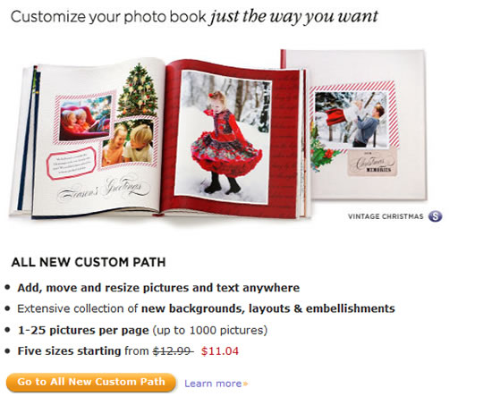 Shutterfly offers custom path and simple path photo book creation.