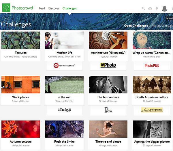 Photocrowd challenges include Architecture, the Human Face, Theater and dance, In the Rain, 