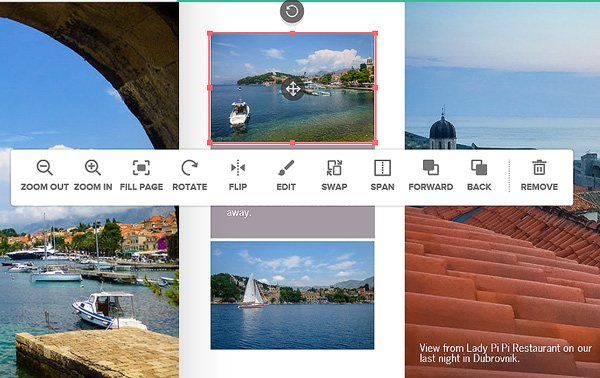 Mixbook's photo editor offers easy ways to zoom in/out, span pages and make other manipulations.