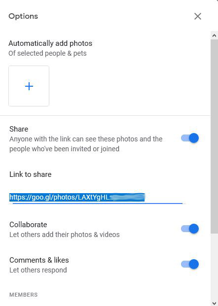 Google photo sharing options can be customized