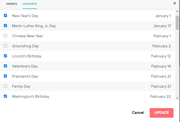 Mixbook has a list of holidays so you can check off which ones you want to include on your calendar