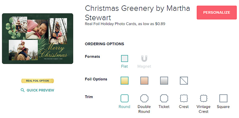 Mixbook's Martha Stewart foil Christmas cards
