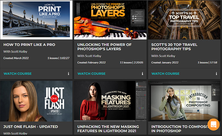 There are 900+ Photoshop. Lightroom and Photography courses at KelbyOne.com